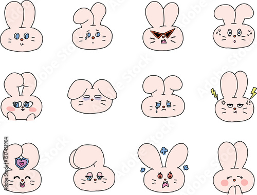 A collection of 12 hand-drawn bunny icons with bold outlines, each representing a different emotion.
Perfect for educational materials, social media stickers, or emotional character-based content.