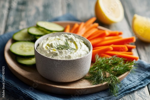 Creamy dip in a bowl, served with carrot and cucumber sticks on a wooden platter, garnished with fresh dill and lemon slices nearby