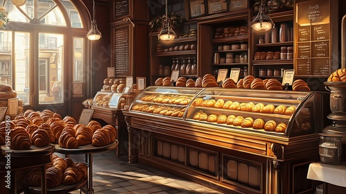 A luxurious old-fashioned bakery with soft music playing and golden croissants on display