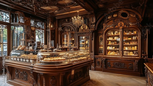 A luxurious Victorian bakery with polished wooden counters and soft golden light