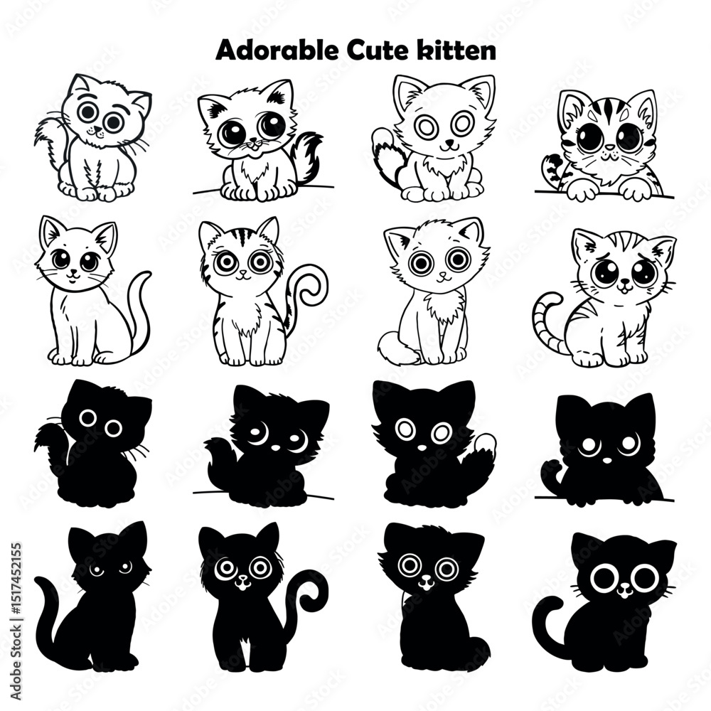 Fototapeta premium Cartoon Kitten Collection Illustration, Adorable Outlines, Playful Cartoon Cats Isolated