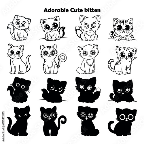 Cartoon Kitten Collection Illustration, Adorable Outlines, Playful Cartoon Cats Isolated