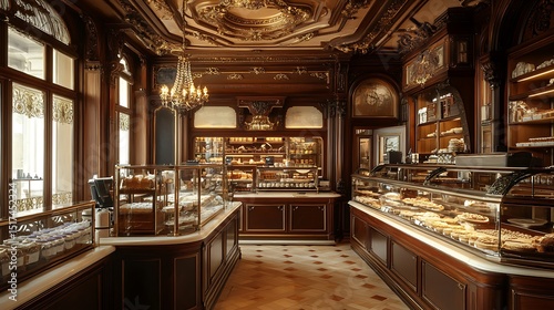 A luxurious Victorian bakery with polished wooden counters and soft golden light