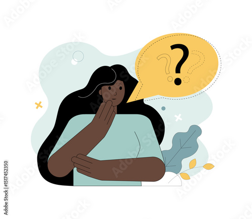 FAQ concept. A woman is looking for an answer to a question. Girl, bubblespeech, question.eps