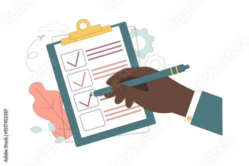 Hand holding pencil, pen and clipboard with checklist. To-do list. Project planning.eps