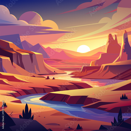 Majestic Desert Sunset. Canyon River Landscape