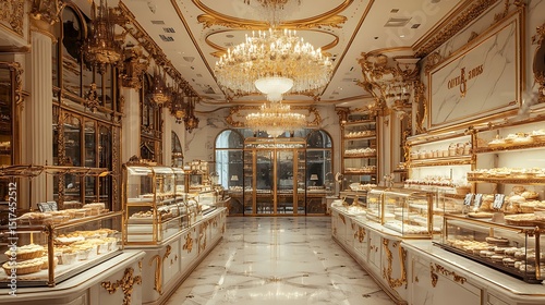 A luxurious Victorian-style bakery with golden chandeliers and marble countertops