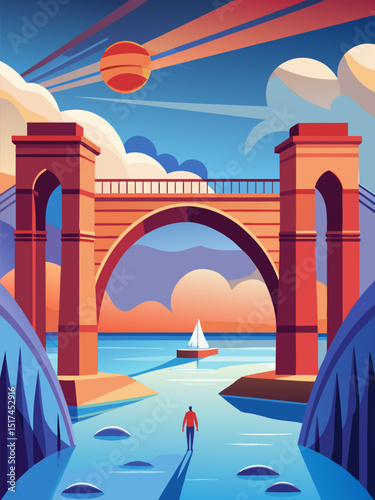 Contemplation by the Bridge. A Serene Seascape at Sunset