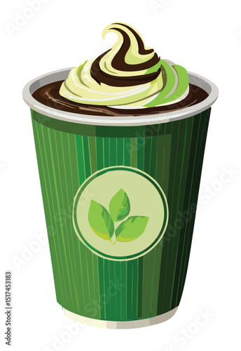 Green Drink with Whipped Cream and Leaf Topping - Vector Illustration