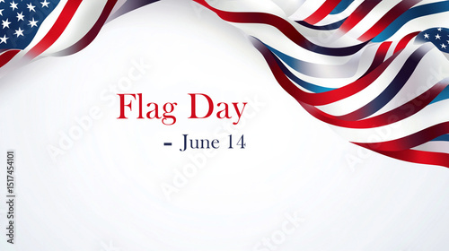 Typography design reading Flag Day - June 14 with red, white, and blue ribbon elements forming a waving flag shape.