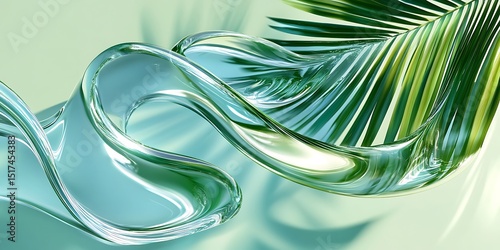 Abstract green liquid wave with palm leaf