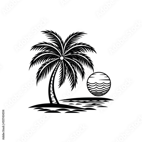 Tropical beach with palm tree silhouettes, a perfect summer vacation nature illustration