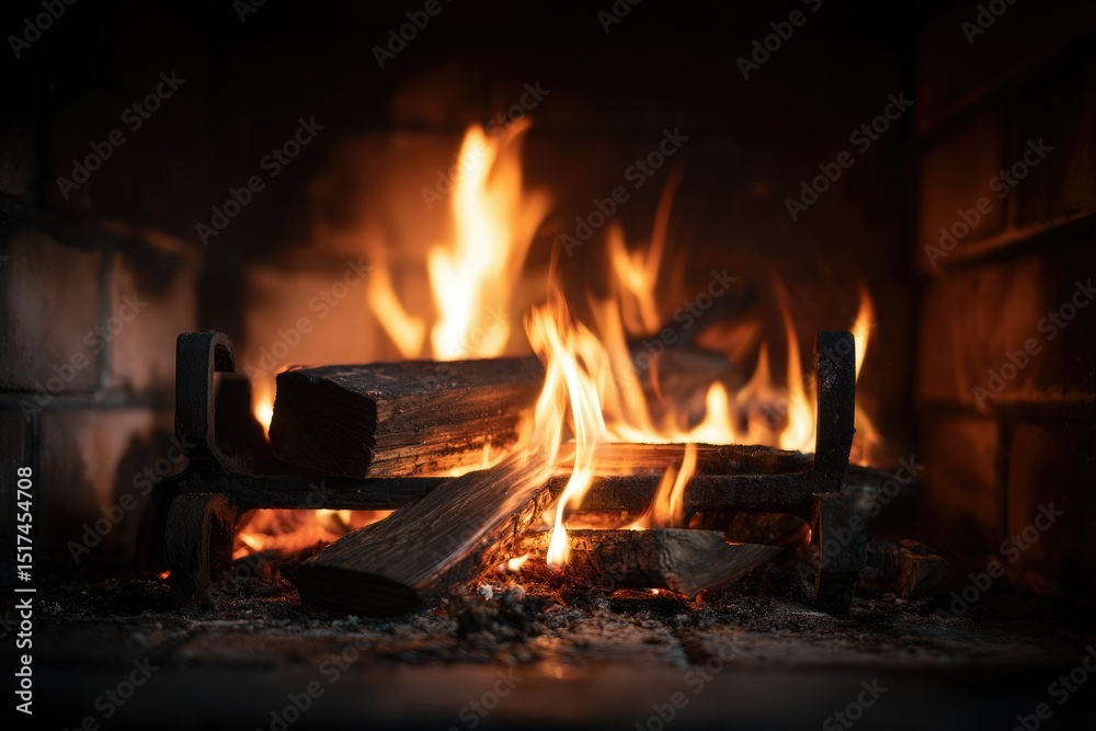 A close-up captures a vibrant fireplace scene, showcasing intensely burning logs nestled within a dark brick hearth. The flames leap and dance, illuminating the scene with warm, flickering light A close-up captures a vibrant fireplace scene, showcasing intensely burning logs nestled within a dark brick hearth. The flames leap and dance, illuminating the scene with warm, flickering light
