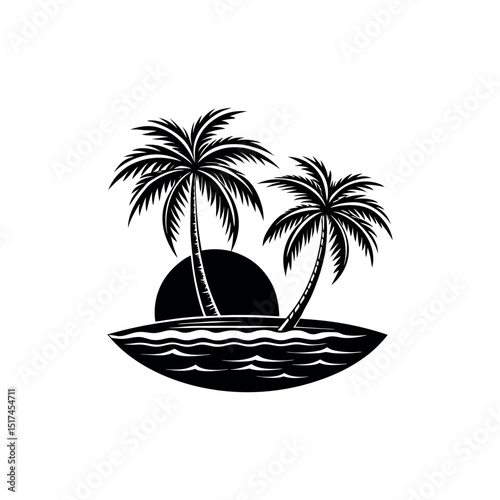 Tropical beach with palm tree silhouettes, a perfect summer vacation nature illustration