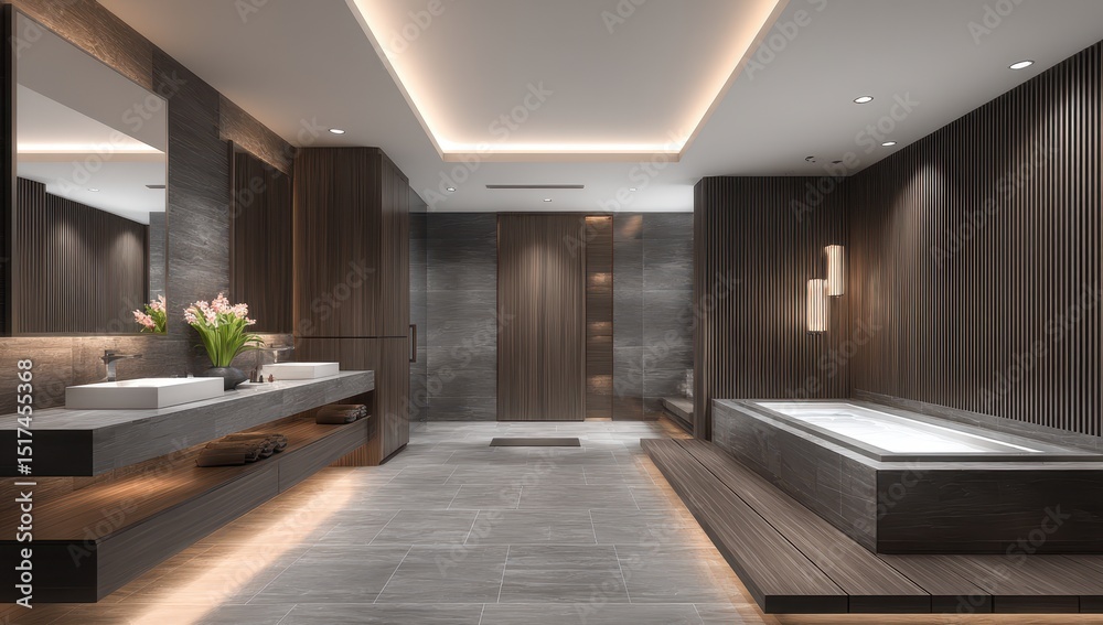 Fototapeta premium Modern luxury bathroom with dual vanities, soaking tub