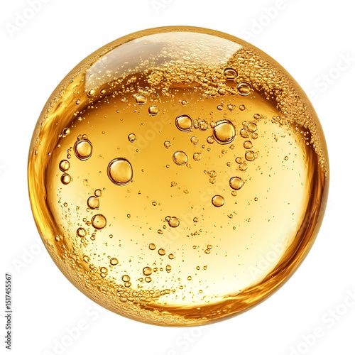 A close up of a golden sphere filled with liquid and many small bubbles isolated on transparent background