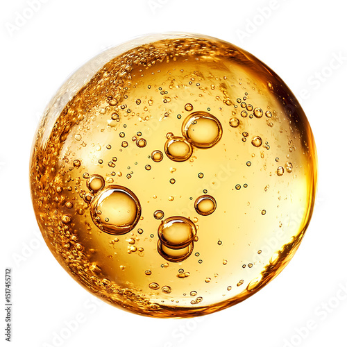 A close up of a golden liquid sphere with many bubbles inside on a black isolated background view isolated on transparent background