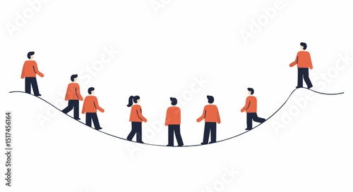 Equal rights movement teamwork challenge illustration showing people walking on a tightrope over a valley concept design