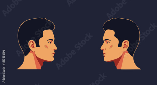 Equal rights movement illustration of two men in profile facing each other digital art portrait symmetrical face drawing design vector