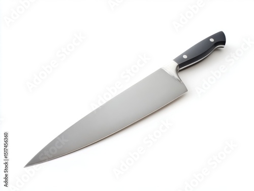 Sharp chef’s kitchen knife with black handle on white background