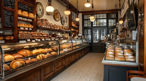 A nostalgic bakery with elegant chandeliers and a vintage cash register