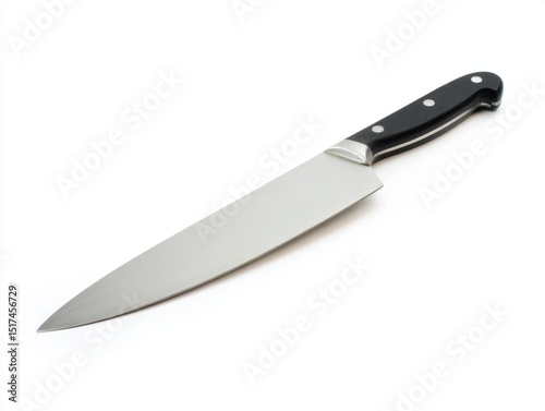 Sharp chef’s kitchen knife with black handle on white background