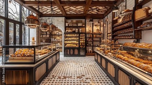 A nostalgic bakery with elegant chandeliers and a vintage cash register