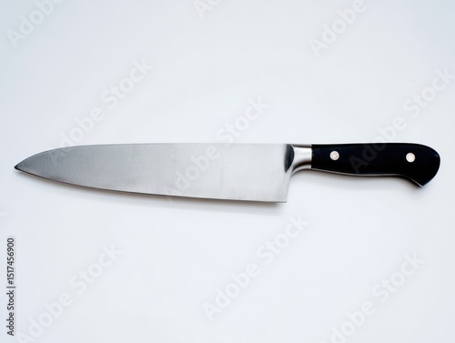Sharp chef’s kitchen knife with black handle on white background