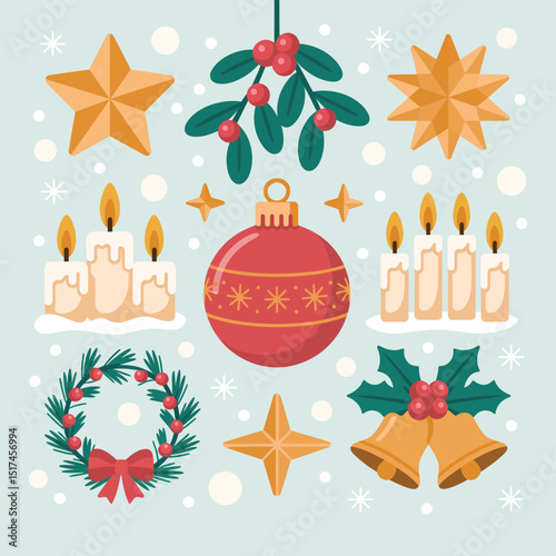 Christmas holiday vector icons set with tree, gift, snowflake, and santa for winter celebration card design