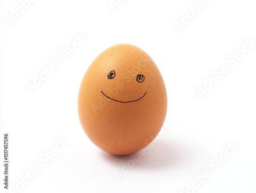 Brown egg with smiley face drawn in black ink on white background