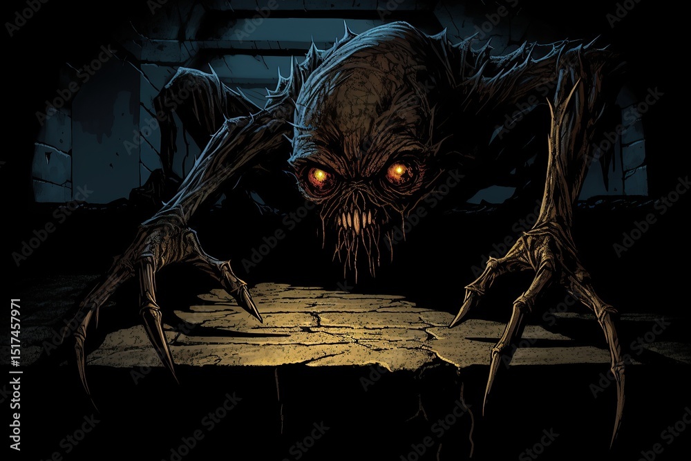 Fototapeta premium Terrifying creature with glowing eyes crawling in a dark eerie environment