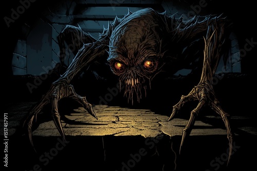 Terrifying creature with glowing eyes crawling in a dark eerie environment