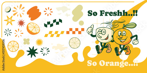 Retro hippie orange fruit and hot lime drink groovy mascot character. Juice product packaging. Vector illustration design element of star, splash, sprinkle, geometric shape and flower y2k style