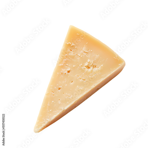 A triangular piece of parmesan cheese with visible texture on a plain in a shot isolated on transparent background