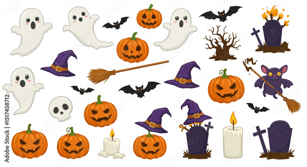 Obraz premium halloween, ghosts, pumpkins, bats, witches hats, spooky, cartoon, vector illustration, digital art, cute, colorful, flat design, icon set