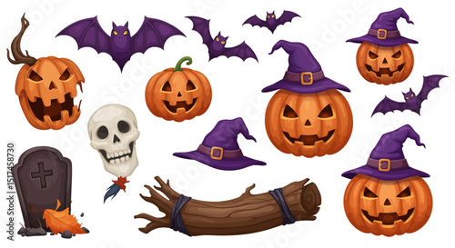 halloween, ghosts, pumpkins, bats, witches hats, spooky, cartoon, vector illustration, digital art, cute, colorful, flat design, icon set