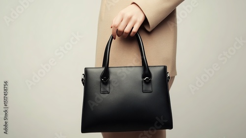 Woman Holding Stylish Black Leather Handbag