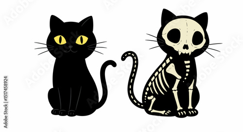 two stylized black cat figures - one with a standard cat shape and the other with a skeletal design, suggesting a cat skeleton. This appears to be an illustration or graphic design representing Hallow