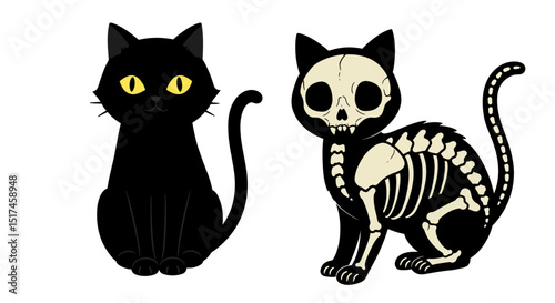 two stylized black cat figures - one with a standard cat shape and the other with a skeletal design, suggesting a cat skeleton. This appears to be an illustration or graphic design representing Hallow