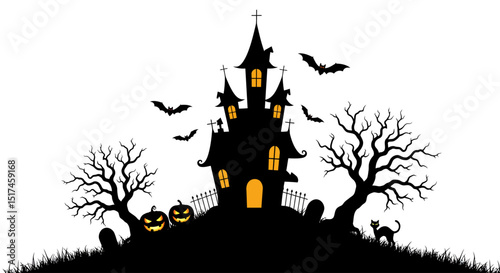 haunted castle, dark silhouette, bats flying, bare trees, full moon, spooky atmosphere, halloween scene, digital art