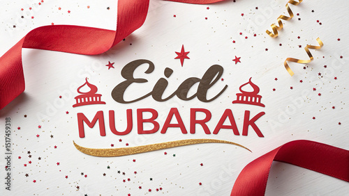 Eid Mubarak Greeting with Red Ribbon and Confetti.