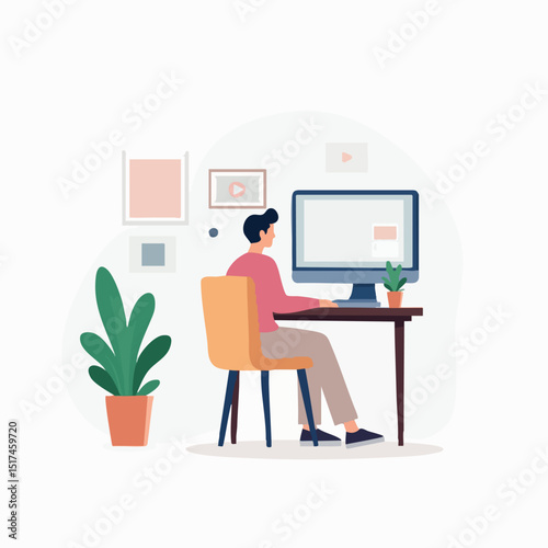Man Working on Video Editing Software in Cozy Home Office Setup
