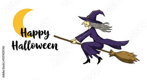 witch, flying on broom, full
moon, bats, silhouette, hand lettered text, happy halloween,stylized, digital illustration