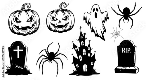 halloween, pumpkin, bat, cartoon, cat, vector, set, holiday, illustration, autumn, icon, ghost, horror, hat, witch, spooky, black, orange, scary, symbol, silhouette, art, monster, october, moon