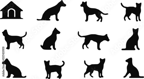 Silhouette Collection of Dogs and Cats in Various Poses, Isolated on White.