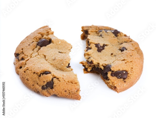 Broken chocolate chip cookie isolated on white background