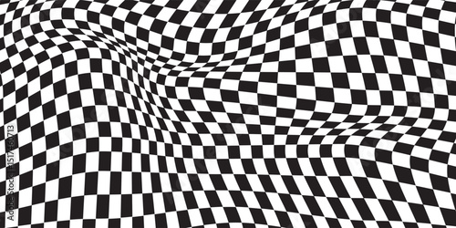 Fototapeta Naklejka Na Ścianę i Meble -  Abstract checkered background with distortion effect. Checkered pattern. surface. Black and white background, distorted chessboard. Abstract banner with distortion. Vector illustration.