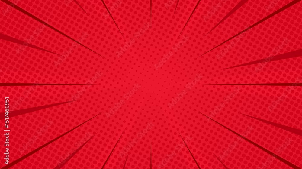 Red halftone comic background animation with radial fast lines. Seamless loop. Suitable for comics, presentations, posters, etc.