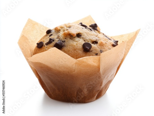 Chocolate chip muffin in parchment paper on white background