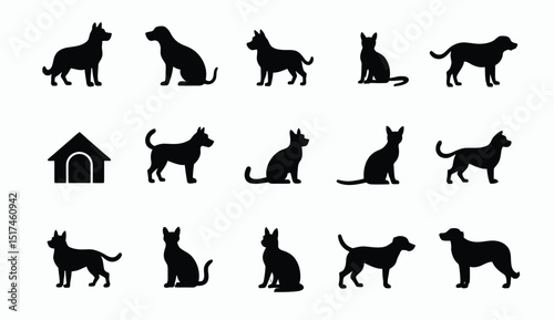Collection of Black Dog and Cat Silhouettes in Various Poses with Dog House